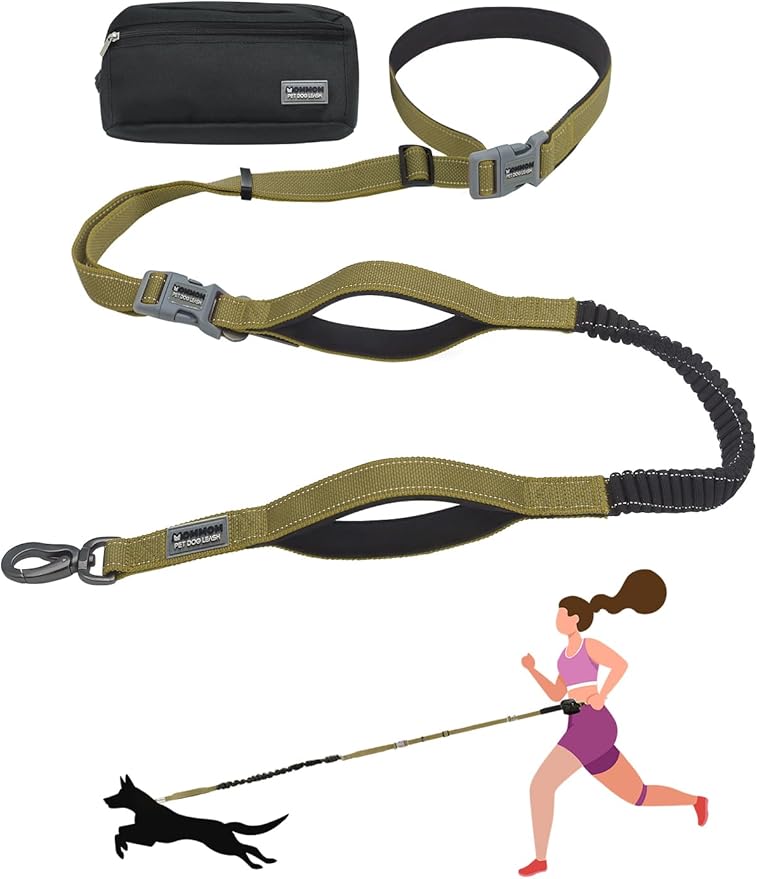 Hands Free Dog Leash with Zipper Pouch & Waist Belt – Reflective Durable Bungee Leash with Dual Padded Handles for Walking, Jogging & Running, Fits Small to Large Dogs (Yellow)