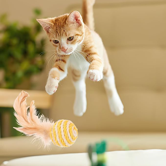 3pcs Cat Toys Balls, Interactive Feather Sisal Ball for Indoor Cats, Rolling Toys Design for Exercise and Fun, 1.96 Inch Size - Random Color