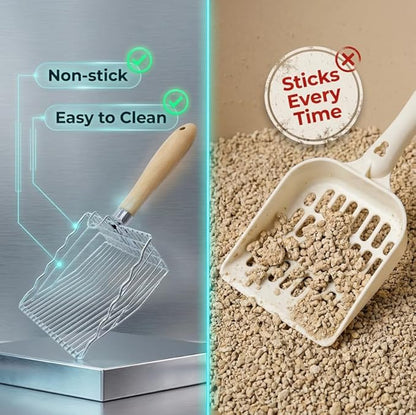 2 Pack Metal Cat Litter Scoops, Heavy-Duty Kitty Scooper with Hook, Stainless Steel Kitten Poop Lifter for Litter Box, Speed Sifter with Comfortable Beech Wood Grip