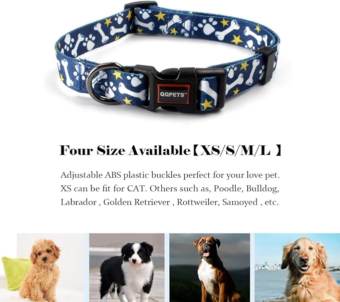 QQPETS Adjustable Soft Dog Collar: Print Flower Pink Multicolor Cute Patterns for XS Small Medium Large Pet Girl Boy Puppy Walking Running Training (L, Bone)