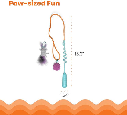 Catstages Cat-apult Spring Wand Durable and Interactive Teaser with Flinger Clip & Two Cat Toys, Catnip Toy & Pompom Ball, Blue