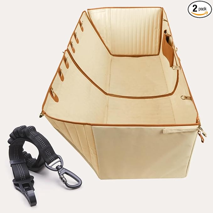 Owleys Back Seat Cover for Dogs with Bungee Dog Seat Belt, Waterproof 600D Oxford Pet Hammock for Car, SUV & Trucks, Premium Faux Leather Accents, Universal Fit, Beige for Summer