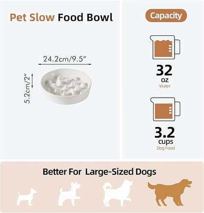 Ceramic 3.2 Cup Dog Bowl Slow Feeder, 9.5 inch Slow Pet Food Dish for Large Dog, Stop Bloat, Preventing Choking(Single Bowl,Reactived Glaze -White)