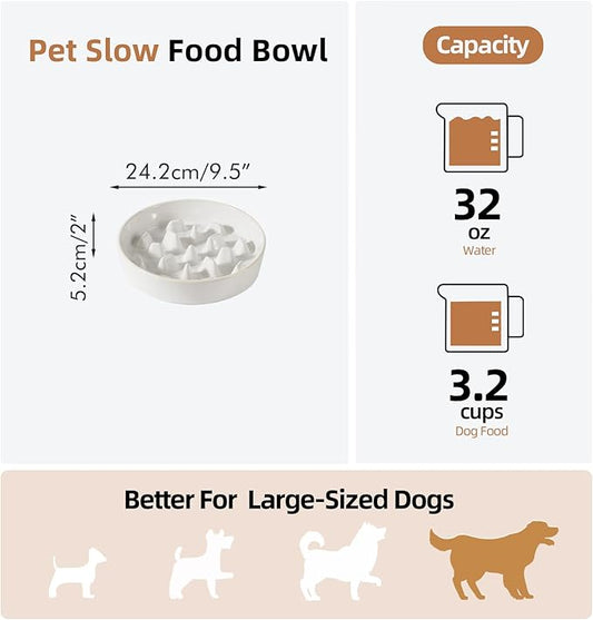Ceramic 3.2 Cup Dog Bowl Slow Feeder, 9.5 inch Slow Pet Food Dish for Large Dog, Stop Bloat, Preventing Choking(Single Bowl,Reactived Glaze -White)