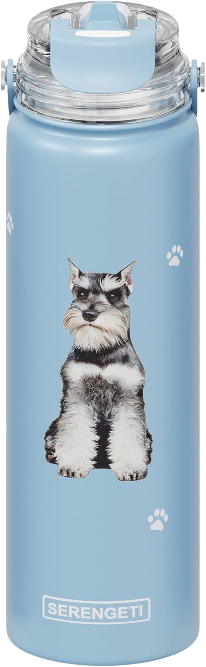 SERENGETI 24 Oz Water Bottle Stainless Steel with Spill Proof Lid - Double walled Vacuum Insulated water flask - Realistic 3D Print of your favorite dog (Schnauzer)