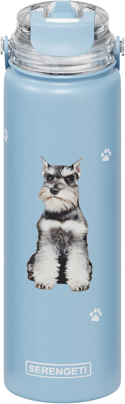 SERENGETI 24 Oz Water Bottle Stainless Steel with Spill Proof Lid - Double walled Vacuum Insulated water flask - Realistic 3D Print of your favorite dog (Schnauzer)