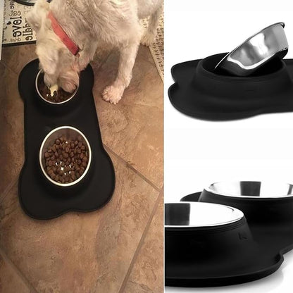 Pet Deluxe Dog Bowls Stainless Steel Dog Food Water Bowl Set with Stand, Feeding Bowls No Spill Non-Skid Silicone Mat, Dog Dishes for Small Medium Large Size Dog Puppy Pet Food Bowls, Black, 4 Cup