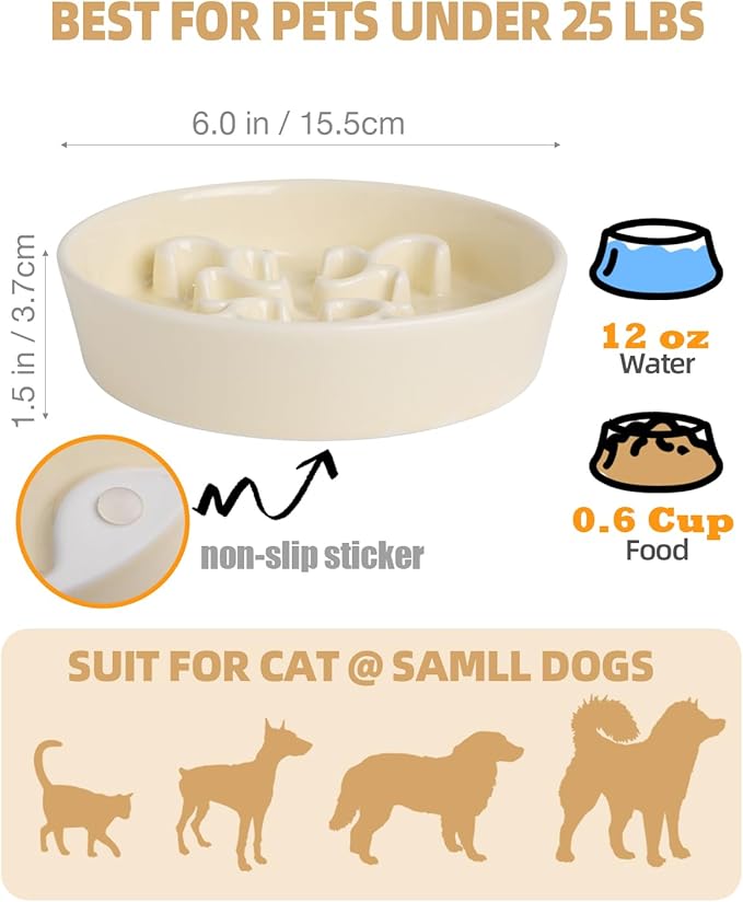 Slow Feeder Dog Bowl, 0.6 Cups Ceramic Dog Food Dish for Fast Eaters Small Breed, Puzzle Bowl for Small Dogs and Cats(Yellow)