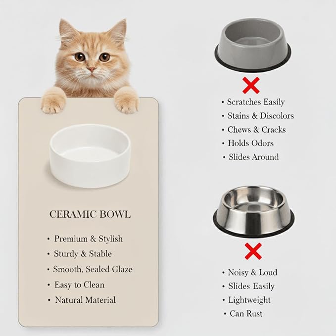 Ceramic Dog and Cat Bowl Modern Cute Weighted Food and Water Bowl Matte Glaze Pet Bowl for Replacement (White, 13.5 OZ)