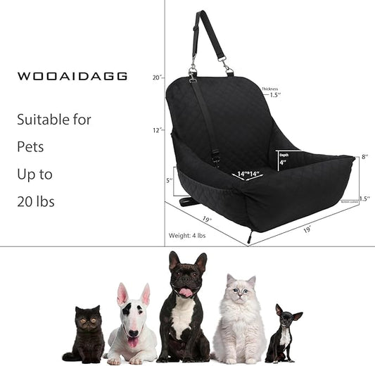 Wooaidagg Dog Car Seat for Small Dogs Up to 25 lbs,Covered Ultra-Soft Fabric and Fill in Memory Foam,Fully Detachable and Washable,2 Clip-On Safety Leashes and Storage Pockets(Black)