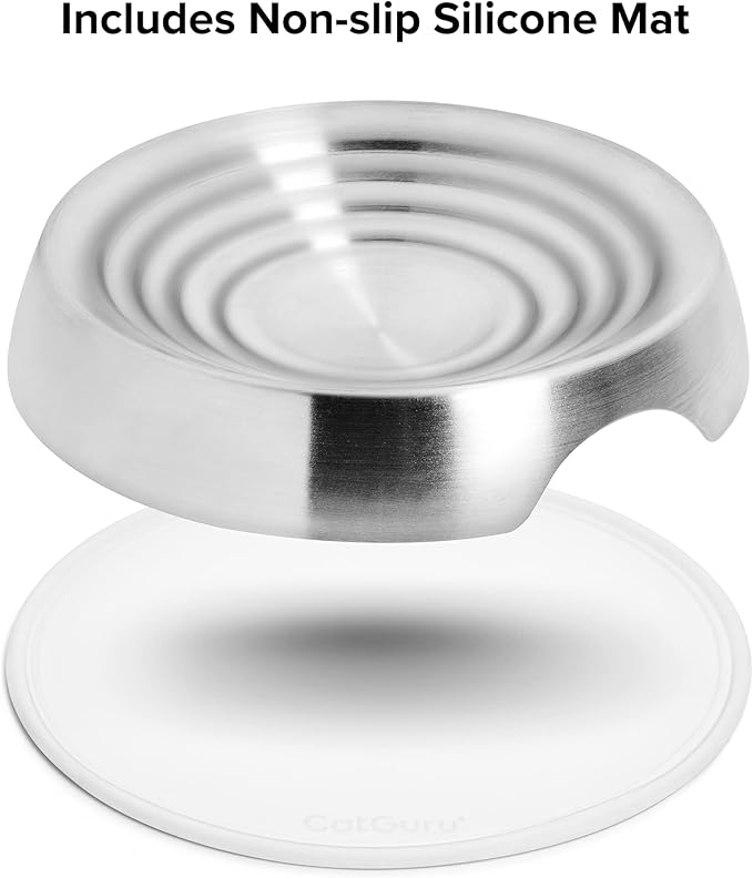 CatGuru Cat Bowls, Whisker Friendly Food Bowl for Indoor Cats, Reliefs Whisker Fatigue, Wide Kitten Dish, Non Slip Pet Dishes, Shallow Pet Plates (Stainless Steel, (Pack of 2))
