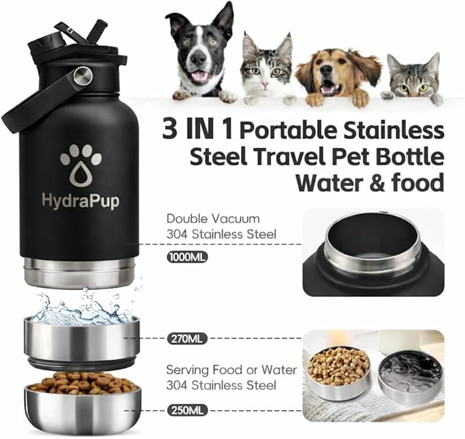 32oz Insulated Water Bottle with Dog Bowls – Human & Pet Shared Use, Stainless Steel Leakproof Travel Bottle (Matte Black)