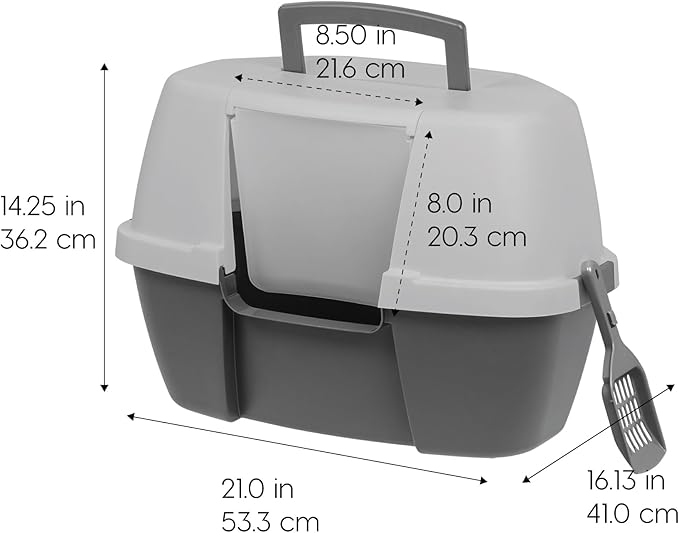 IRIS USA Corner Cat Litter Box - Enclosed Corner Litter Box with Scoop, Hooded Litter Tray for Corners, Space-Saving Covered Litter Box, Odor Defensive, Dark Gray