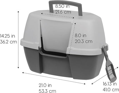 IRIS USA Corner Cat Litter Box - Enclosed Corner Litter Box with Scoop, Hooded Litter Tray for Corners, Space-Saving Covered Litter Box, Odor Defensive, Dark Gray