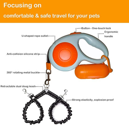 Double Dog Leash for Walking 2 Small Dogs (Up to 33 Lbs Each), Dual Retractable 9.8ft Extendable Strong Nylon Tape Pet Leash with Poop Bags, One-Handed Brake, Pause, Lock (Orange)