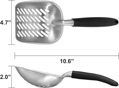 Cat Litter Scoop, Aluminum Alloy Sifter, Durable Metal Poop Scooper with Deep Shovel and Diagonal Holes, Long Ergonomic Handle, Black Handle for Easy Cleaning