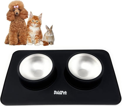 BoldPet® Dog Food and Water Bowl Set - Food Grade,Non-Slip Design Silicone Mat - Includes 2 Removable Stainless Steel Dog Bowls for Small Dogs - Perfect Puppy Bowls Set - Pet Bowls for Dogs and Cats