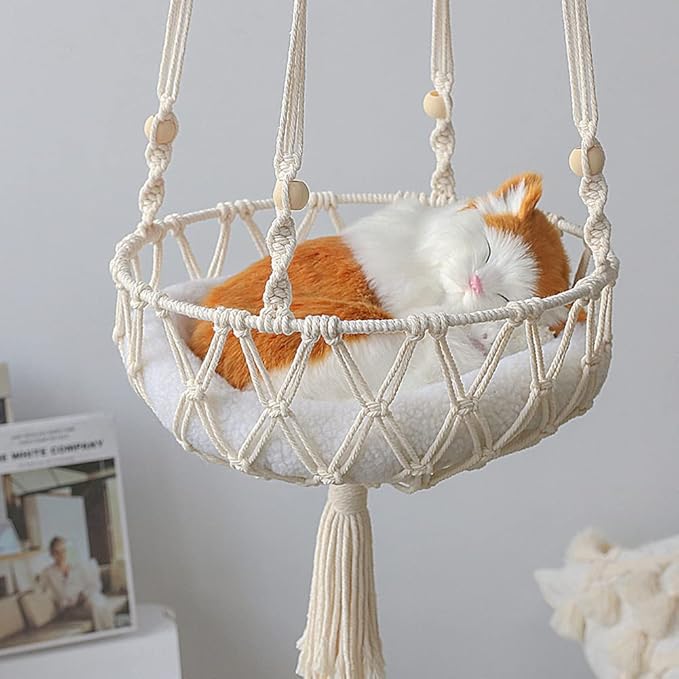Macrame Cat Hammock - Handwoven Hanging Bed Swing, Boho Wall Decor for Small and Large Indoor Cats
