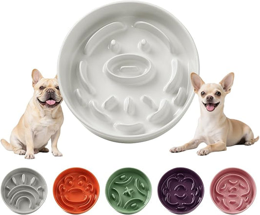 Ceramic Slow Feeder Dog Bowl - Feeding Dish for Fast Eaters - Maze Dog Bowl to Slow Down Eating - Ideal Food Control Dish for Small Breeds - 0.8 Cups (80g) - 6.3 Inch - White