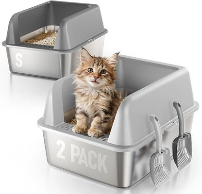 Stainless Steel Cat Litter Box for Kittens, 2 Pack Metal Kitty Litter Box with Scoop, Easy to Clean, No Stains, Anti-Leakage -Small (17.2" L x13.2 W x10.3 H)