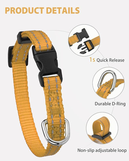 Joytale Puppy Collar, Feather-Light Double-Sided Reflective Nylon Collar for Night Safety, Adjustable Quick-Release for Extra Small Dogs, Khaki, XS (3/8" Width)