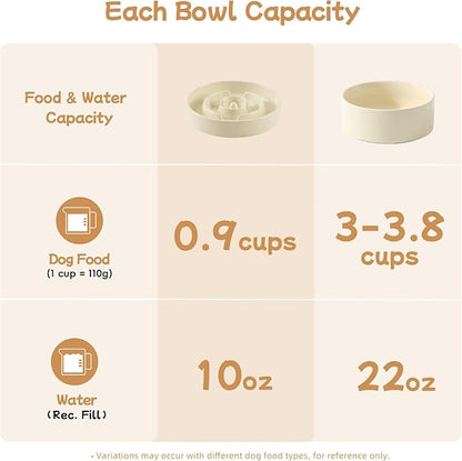 Ceramic 0.9 Cup Raised Slow Feeder Dog Bowl Set, Elevated 6.1inch Water Bowl and 6.1inch Slow Dish with Wooden Stand for Small Dogs (2 x Light Yellow+ Stand)