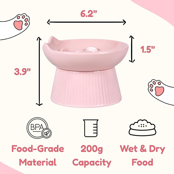 2 Pack Unbreakable Raised Slow Feeder Bowl for Cats and Small Dogs, Elevated Cat Bowls, Detachable Slow Feede Bowl, Heavy Weighted, Non-Slip Feeder, Dry & Wet Food (Pink + White, 6.2'')