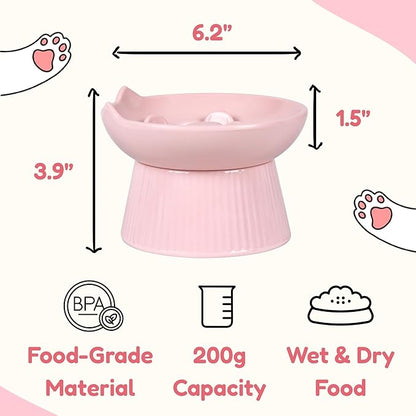 2 Pack Unbreakable Raised Slow Feeder Bowl for Cats and Small Dogs, Elevated Cat Bowls, Detachable Slow Feede Bowl, Heavy Weighted, Non-Slip Feeder, Dry & Wet Food (Pink + White, 6.2'')