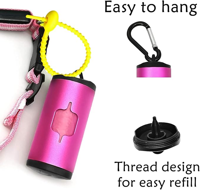 Aluminum Dog Poop Bags Holder with Carabiner Metal Pet Waste Bags Dispenser with Hook and Loop Fastener and Elastic Cord to Carry Used Bags (Pink)