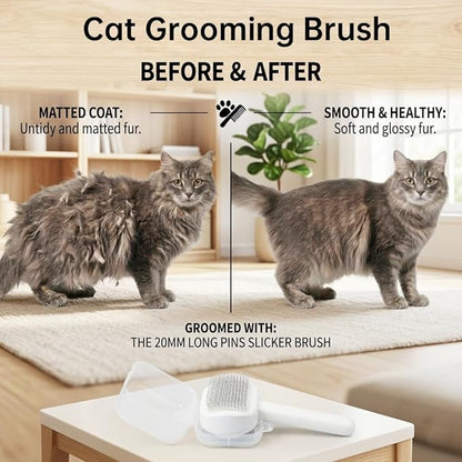 Prime Pets Long Pin Cat Brush, Self-Cleaning Slicker Brush for Indoor Cats, 3-in-1 Grooming Kit with Case for Dogs Small Animals, White