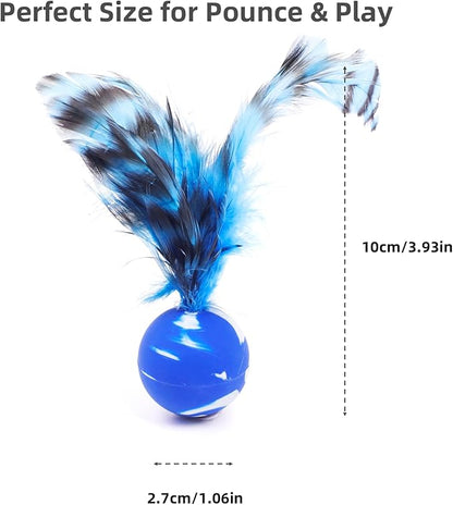 Feather Chase & Fetch Balls for Indoor Cats – 5 Pack Durable Rubber Cat Toys with Natural Feathers, Interactive Exercise & Hunting Play, Bouncy Balls for Active Kittens and Adult Cats