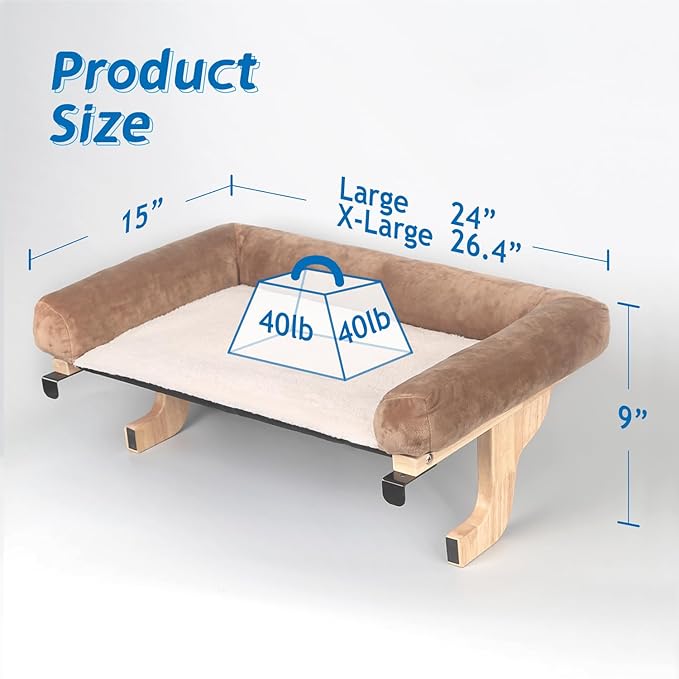 Zakkart Cat Perch for Window Sill with Bolster - Orthopedic Hammock Design with Premium Hardwood & Robust Metal Frame - Cat Window Seat for Large Cats - Natural Color Wood Brown Bed, 26.4''W
