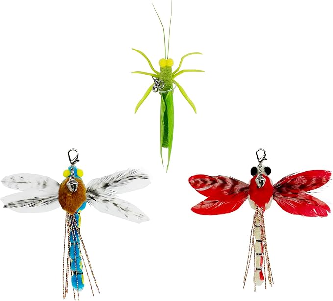TTcat Cat Feather Toys, 3 Pcs Simulation Insects Dragonfly Grasshopper Refills, Cat Toys Replacement Feathers for Cat Kitten Wand.