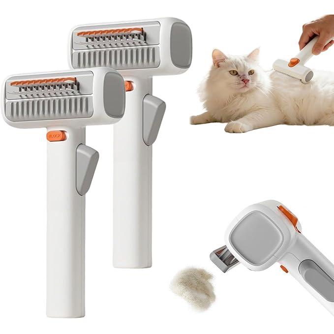 2-in-1 Pet Self-Detangling & Grooming Comb - Professional Deshedding Tool for Dogs & Cats - Gentle Undercoat Rake & Brush for Long or Short Hair, Removes Mats, Tangles & Loose Fur (2 PCS)