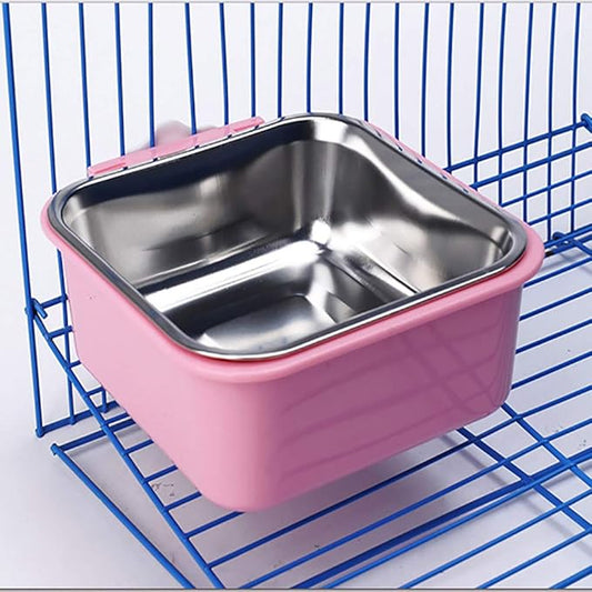 Love Dream Crate Dog Cat Bowls, Hanging Pet Cage Food Water Feeder with Removable Stainless Steel Bowls and Bolt Holder for Puppy Cat Rabbit Birds (Small, Pink)