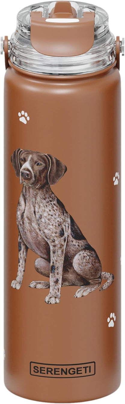 E&S Pets SERENGETI 24 Oz Water Bottle Stainless Steel with Spill Proof Lid - Double walled Vacuum Insulated water flask - Realistic 3D Print of your favorite dog (German Shorthaired)