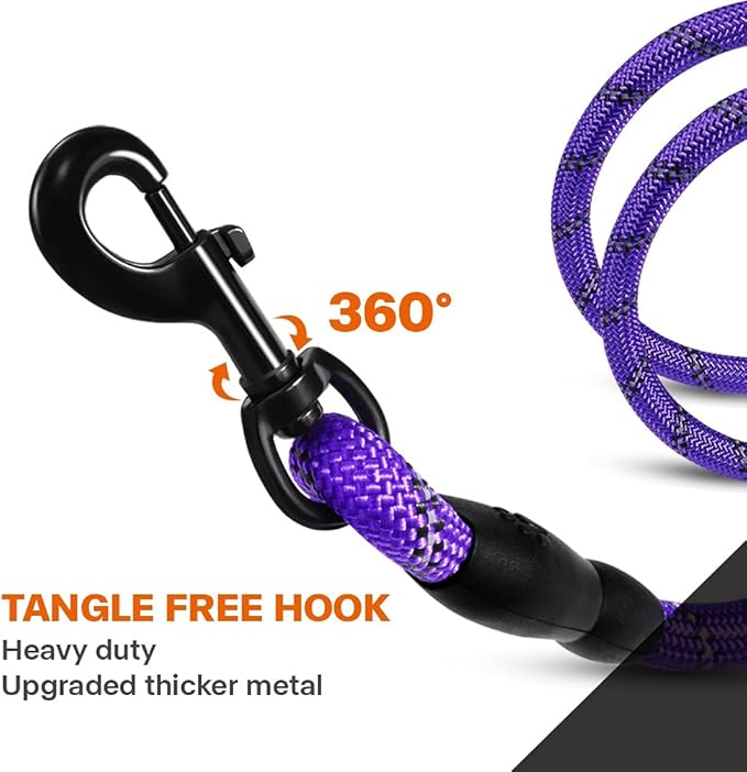 Taglory Rope Dog Leash 6 FT with Comfortable Padded Handle, Highly Reflective Threads Leash and Anti-Tangle Clip for Walking Medium Large Dogs, 1/2 inch, Purple