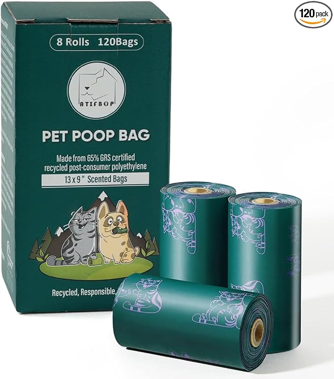 ATIFBOP Dog Poop Bags Rolls, Extra Thick and Leak-proof Poop Bags for Dogs, 8 Refill Rolls, Scented Waste Bag for Dog and Cat, Made form 65% Recycled Plastics