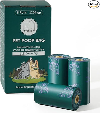 ATIFBOP Dog Poop Bags Rolls, Extra Thick and Leak-proof Poop Bags for Dogs, 8 Refill Rolls, Scented Waste Bag for Dog and Cat, Made form 65% Recycled Plastics