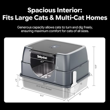 Enclosed Stainless Steel Cat Litter Box, Metal Litter Box with Lid, Hooded Kitty Litter Pan, Non-Stick & Never Absorbs Odors, Durable for Multi Cats (Include Scoop)