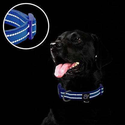 azuza Reflective Dog Collar, Soft Neoprene Padded Pet Collar with ID Tag Ring, Adjustable for Medium Dogs,Royal Blue,M