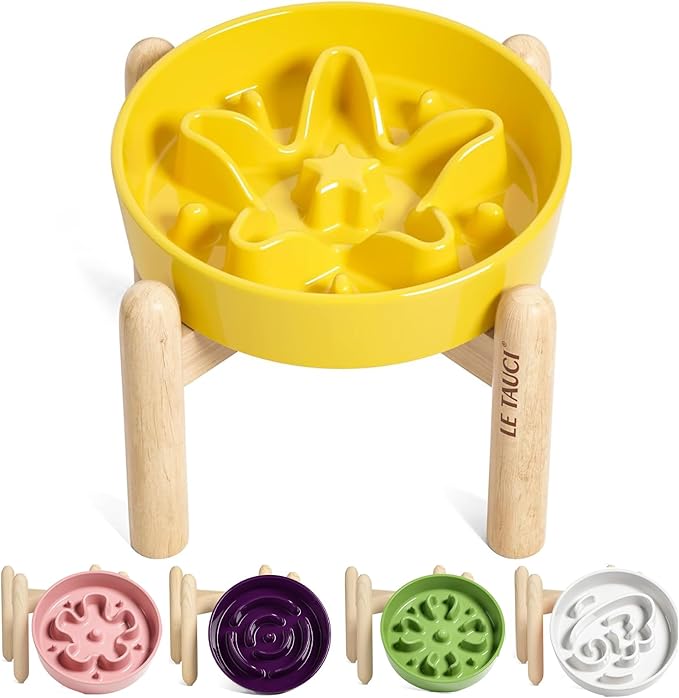 LE TAUCI Ceramic Slow Feeder Dog Bowls Elevated, 0.6 Cups Raised Dog Bowl with Wooden Stand for Small Breed, Pet Dishes to Slow Down Eating, Puzzle Cat Food Bowl, Star Yellow