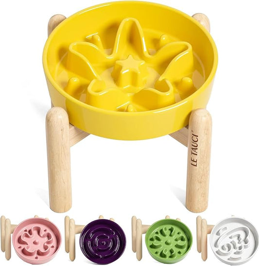 LE TAUCI Ceramic Slow Feeder Dog Bowls Elevated, 0.6 Cups Raised Dog Bowl with Wooden Stand for Small Breed, Pet Dishes to Slow Down Eating, Puzzle Cat Food Bowl, Star Yellow