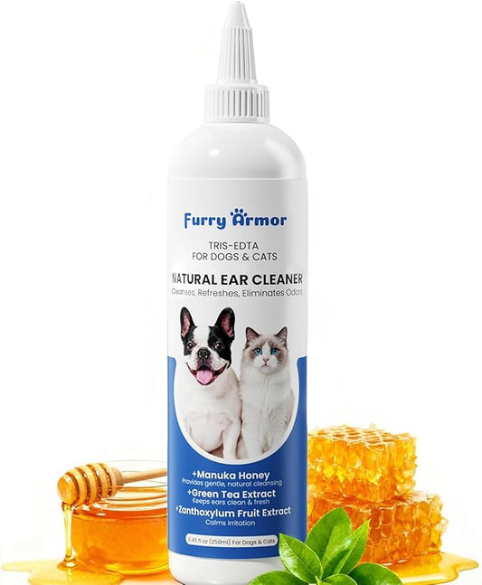 Itch Relief Ear Cleaner for Dogs & Cats Natural Gentle Formula with Manuka Honey & Green Tea - Triple Botanical Wash for Infection & Yeast Prevention, PH Balanced No-Sting 8.45 oz