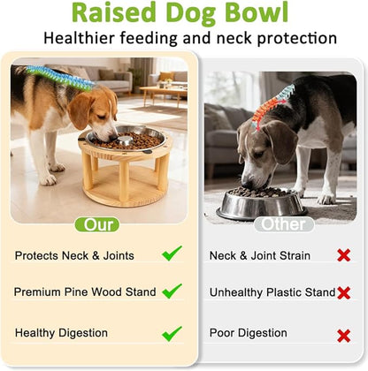 Vivifying Elevated Dog Bowl, Pine Wood Stand with Stainless Steel Slow Feeder, 5.9" Raised Dog Bowl for Small & Medium Dogs