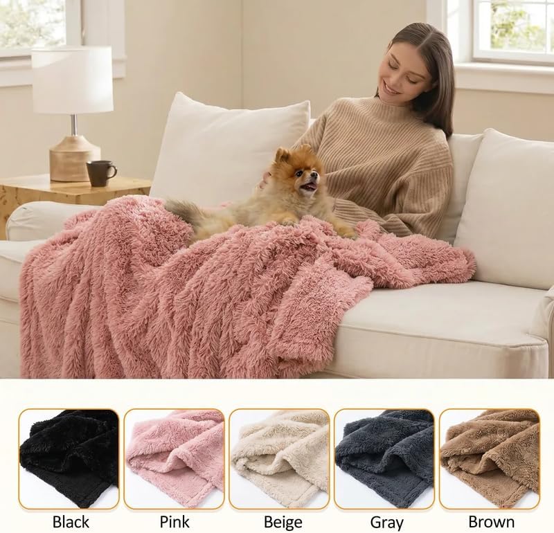 Pet Blankets Waterproof Fluffy Fleece Blanket Cat Dog Blankets Liquid Pee Proof Throw Blanket Reversible Furniture Protector Cover Washable for Couches Beds Sofa 65"x57" Pink - Image 3