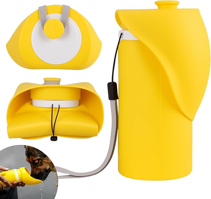 Jalopink Portable Dog Water Bottle, 2-in-1 Leak Proof & Collapsible Silicone Pet Dispenser with Built-in Bowl, Food Grade Travel Cup for Walking, Hiking (19oz/550ml, Yellow)