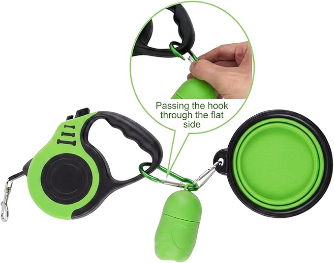 PETIMP Retractable Dog Leash Lightweight 16FT Leash, with Folding Bowl,Dispenser,Waste Bags, for Small Medium Dogs(Green)