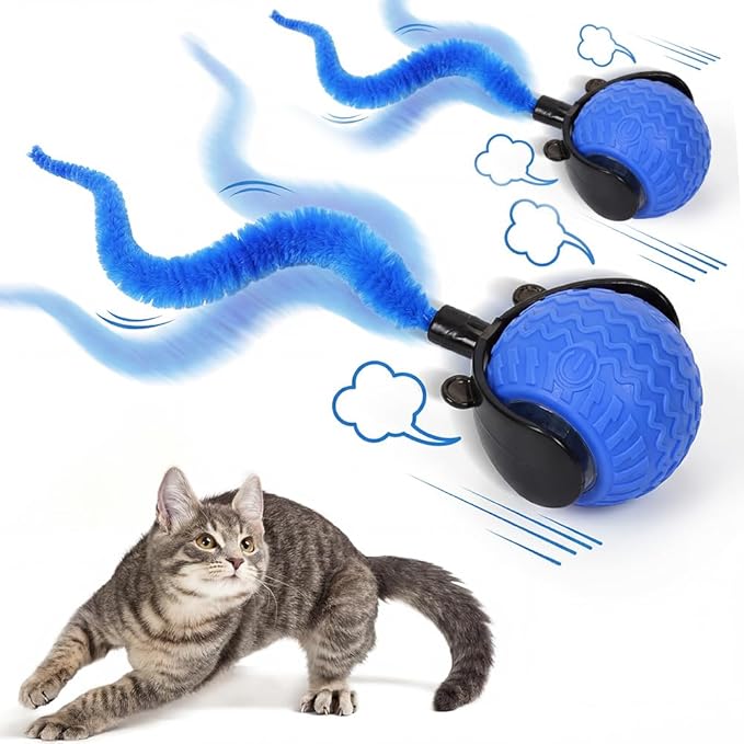 Interactive Toys for Cats, 2026 New Interactive Cat Toy Ball, Automatic Moving Cat Toy for Indoor Use, Rechargeable Feather Tail Cat Toy with Stimulation for Small Medium Large Cats (2 * Blue)