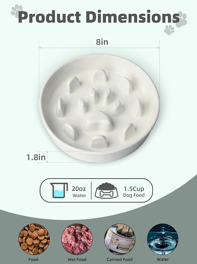Ceramic 1.5 Cup Slow Feeder Dog Bowl, Slow Feeding Dish for Small & Medium Breeds to Slow Down Eating, Anti-Gulping, Preventing Choking (White)